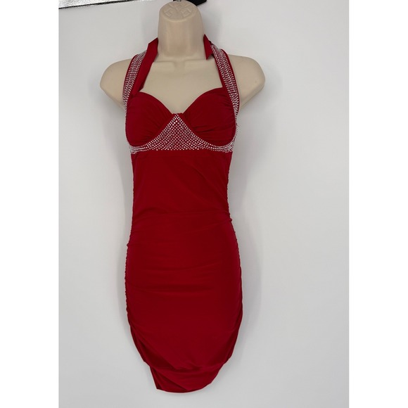 Dresses & Skirts - Red Rhinestone Halter Dress Y2K Glam Bodycon Ruched Vegas Party‎
